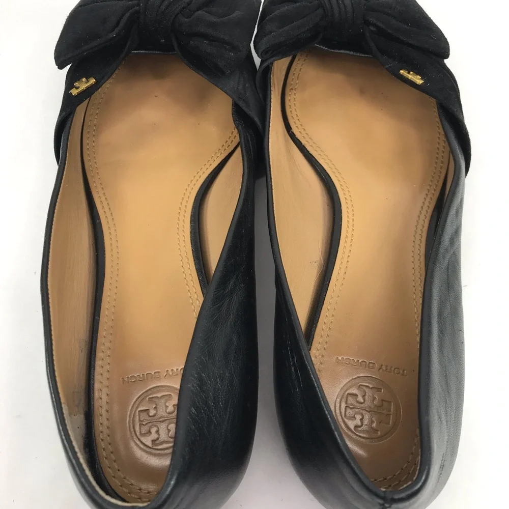 Tory Burch Women's Size 10 Eleanor Flat Black Leather Bow Pointed Toe Shoes